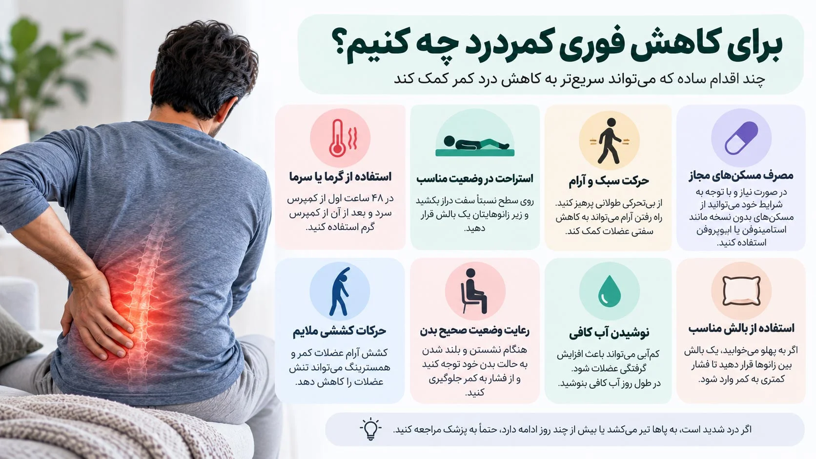 کمردرد فقط درد افراد مسن یا کسانی که کار سنگین انجام میدهند نیست؛ ساعتها نشستن پشت میز، استفاده طولانی از موبایل، کمتحرکی، ضعف عضلات، بلند کردن نادرست اجسام و مشکلاتی مانند دیسک کمر میتوانند باعث شوند حتی افراد جوان هم با درد و خشکی کمر درگیر شوند.
اگر میپرسید برای درمان کمردرد چه کنیم، باید بدانید که یک نسخه واحد برای همه وجود ندارد و انتخاب روش مناسب به علت و شدت درد بستگی دارد. با این حال، بسیاری از کمردردهای شایع را میتوان با ترکیبی از تحرک صحیح، تمرینات مناسب، اصلاح وضعیت نشستن و خوابیدن، استفاده اصولی از گرما یا سرما و روشهای غیرجراحی کنترل کرد.
در ادامه، کاربردیترین روشهای کاهش درد کمر را بررسی میکنیم و میگوییم چه زمانی درمان خانگی کافی است و چه زمانی باید برای بررسی دقیقتر به پزشک مراجعه کرد.
علتهای کمردرد
کمردرد میتواند دلایل مختلفی داشته باشد و همیشه ناشی از یک مشکل جدی در ستون فقرات نیست. گاهی فشار بیش از حد به عضلات، نشستن طولانی یا ضعف عضلات مرکزی بدن باعث درد میشود و در بعضی افراد مشکلاتی مانند بیرونزدگی دیسک یا تحریک عصب نقش اصلی را دارند. شناخت علت کمردرد اهمیت زیادی دارد، چون روش درمان باید بر اساس عامل ایجادکننده درد انتخاب شود.
گرفتگی و اسپاسم عضلات کمر
گرفتگی یا اسپاسم عضلات کمر زمانی ایجاد میشود که عضلات بهطور ناگهانی و غیرارادی منقبض شوند. این وضعیت ممکن است پس از فعالیت شدید، حرکت ناگهانی، بلند کردن اجسام، خستگی عضلانی یا باقی ماندن طولانی مدت در یک وضعیت نامناسب ایجاد شود.
اسپاسم عضلات معمولاً با احساس سفتی، درد موضعی و محدود شدن حرکت همراه است و ممکن است هنگام خم شدن یا تغییر وضعیت تشدید شود.
در بسیاری از موارد، اسپاسم عضلانی موقتی است و با استراحت نسبی، گرمای موضعی، کشش ملایم و اصلاح فعالیت کاهش پیدا میکند. با این حال، اگر گرفتگی عضلات بهطور مکرر تکرار شود یا همراه با انتشار درد به پا، بیحسی یا ضعف باشد، بهتر است علت دقیقتر بررسی شود.
نشستن طولانی و وضعیت نامناسب بدن
نشستن طولانیمدت، به خصوص زمانی که کمر قوز کرده، شانهها به جلو افتاده یا ارتفاع میز و صندلی مناسب نیست، میتواند فشار مداومی به عضلات، رباطها و ساختارهای ستون فقرات وارد کند. در این شرایط بعضی عضلات بیش از حد تحت کشش قرار میگیرند و برخی دیگر برای حفظ وضعیت بدن دائماً منقبض میمانند؛ موضوعی که میتواند به خستگی عضلانی و کمردرد منجر شود.
افرادی که ساعتهای زیادی پشت میز کار میکنند، رانندگی طولانی دارند یا تحرک روزانه کمی دارند بیشتر در معرض این نوع کمردرد هستند. تنظیم ارتفاع صندلی و مانیتور، حمایت مناسب از گودی کمر و بلند شدن و حرکت کردن در فواصل منظم میتواند به کاهش فشار روی کمر کمک کند.
دیسک کمر و فشار روی عصب
بین مهرههای ستون فقرات دیسکهایی قرار دارند که مانند ضربهگیر عمل میکنند. در صورت فرسودگی، پارگی یا بیرونزدگی بخشی از دیسک، ممکن است فشار یا تحریک روی ریشههای عصبی ایجاد شود. این وضعیت میتواند علاوه بر درد کمر، باعث انتشار درد به باسن یا پا، گزگز، بیحسی و در برخی موارد ضعف عضلانی شود.
البته هر بیرونزدگی دیسک الزاماً باعث درد نمیشود و شدت علائم به محل و میزان درگیری عصب بستگی دارد. بسیاری از موارد دیسک کمر با روشهای غیرجراحی مانند فیزیوتراپی، تمرینات مناسب و کنترل فعالیت قابل مدیریت هستند، اما وجود ضعف پیشرونده، بیاختیاری ادرار یا مدفوع یا بیحسی در ناحیه بین پاها نیاز به ارزیابی فوری پزشکی دارد.
ضعف عضلات مرکزی بدن
عضلات مرکزی یا Core شامل عضلات شکم، کمر، لگن و بخشهایی از عضلات عمقی اطراف ستون فقرات هستند. این عضلات نقش مهمی در حفظ ثبات ستون فقرات و کنترل حرکات بدن دارند. زمانی که این عضلات ضعیف باشند، فشار بیشتری هنگام نشستن، ایستادن، راه رفتن و بلند کردن اجسام به ساختارهای کمر وارد میشود.
ضعف عضلات مرکزی معمولاً در افراد کمتحرک یا کسانی که مدت زیادی فعالیت بدنی منظمی نداشتهاند بیشتر دیده میشود. تمرینات اصولی برای تقویت عضلات شکم، باسن و عضلات عمقی کمر میتواند در بسیاری از افراد به بهبود پایداری ستون فقرات و کاهش احتمال عود کمردرد کمک کند.
اضافهوزن و فشار بیشتر بر ستون فقرات
افزایش وزن بدن میتواند بار مکانیکی بیشتری بر ستون فقرات، مفاصل و عضلات کمر وارد کند. تجمع وزن در ناحیه شکم نیز ممکن است مرکز ثقل بدن را به سمت جلو تغییر دهد و در نتیجه عضلات کمر مجبور شوند برای حفظ تعادل فشار بیشتری تحمل کنند. این وضعیت در طولانیمدت میتواند با خستگی عضلانی و افزایش احتمال کمردرد همراه باشد.
کاهش وزن در افرادی که اضافهوزن دارند، همراه با افزایش فعالیت بدنی و تقویت عضلات، میتواند بخشی از فشار واردشده به ستون فقرات را کاهش دهد. البته اضافه وزن تنها یکی از عوامل موثر است و معمولاً باید در کنار سایر علتهای احتمالی کمردرد بررسی شود.
آسیبهای ورزشی و بلند کردن اجسام سنگین
حرکات ناگهانی، چرخش شدید تنه، تمرین با فرم نادرست یا بلند کردن اجسام سنگین میتوانند باعث کشیدگی عضلات و رباطهای کمر شوند. در برخی موارد نیز فشار زیاد ممکن است به دیسکها یا مفاصل ستون فقرات آسیب وارد کند. این نوع کمردرد معمولاً پس از یک فعالیت مشخص شروع میشود و ممکن است با حرکت، خم شدن یا بلند شدن تشدید شود.
برای کاهش خطر آسیب، هنگام بلند کردن اجسام بهتر است زانوها خم شوند، جسم نزدیک بدن نگه داشته شود و به جای خم کردن ناگهانی کمر از عضلات پا کمک گرفته شود. در ورزش نیز گرم کردن بدن، افزایش تدریجی شدت تمرین و رعایت تکنیک صحیح نقش مهمی در پیشگیری از آسیبهای کمر دارند.
برای کاهش فوری کمردرد چه کنیم؟